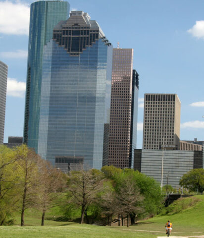 Downtown Houston commercial landscaping setting with bike trail.
