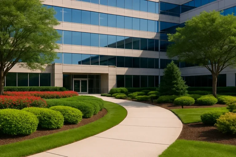 Perfectly installed corporate landscaping outside an office building.