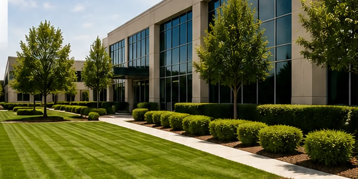 Freshly mowed lawn outside a modern Houston office building