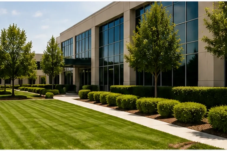 Routine Lawn Mowing for Houston Office Buildings Freshly mowed lawn outside a modern Houston office building