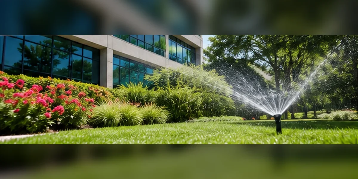 Commercial sprinkler system watering landscaped grounds outside a Houston office property