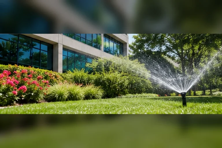 Commercial Irrigation Problems in Houston Commercial sprinkler system watering landscaped grounds outside a Houston office property