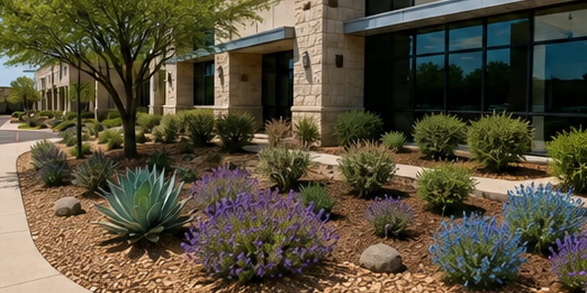 Drought-Tolerant Commercial Landscaping in Houston Drought-tolerant commercial landscape with flowering plants, ornamental grasses, mulch, and shade trees outside a Houston office building