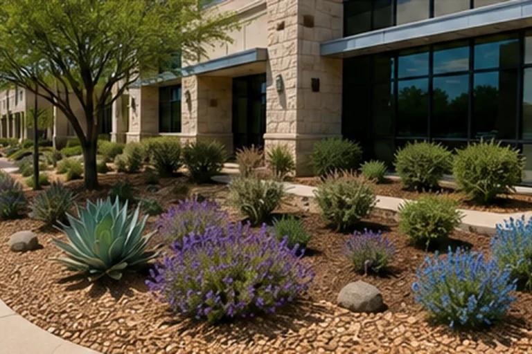 Drought-Tolerant Commercial Landscaping in Houston Drought-tolerant commercial landscape with flowering plants, ornamental grasses, mulch, and shade trees outside a Houston office building