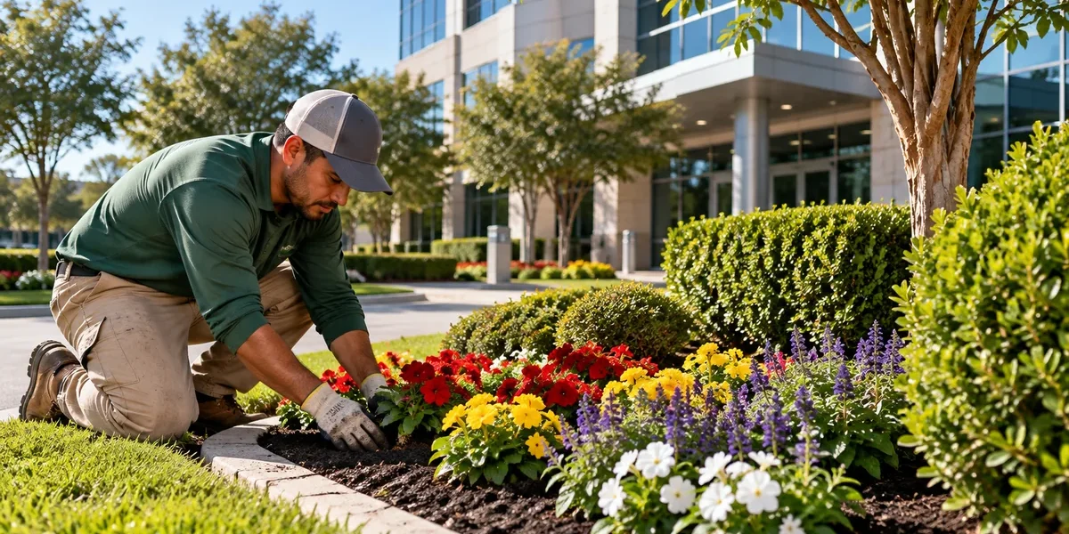 Commercial Seasonal Color in Houston Commercial landscaper planting colorful seasonal flowers in a manicured entrance bed outside a Houston office building