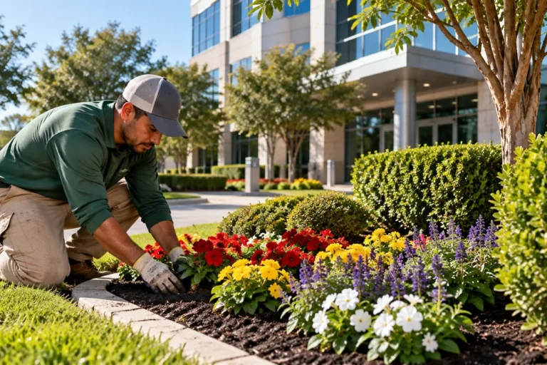 Commercial landscaper planting colorful seasonal flowers in a manicured entrance bed outside a Houston office building