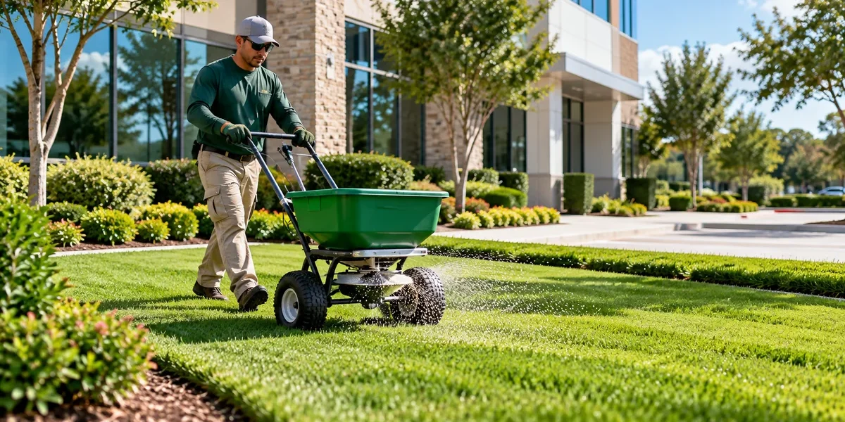 Commercial Turf Fertilization in Houston Commercial landscaper applying granular turf fertilizer to a manicured lawn outside a Houston office building
