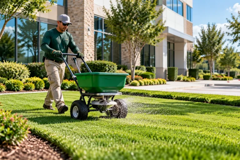 Commercial landscaper applying granular turf fertilizer to a manicured lawn outside a Houston office building